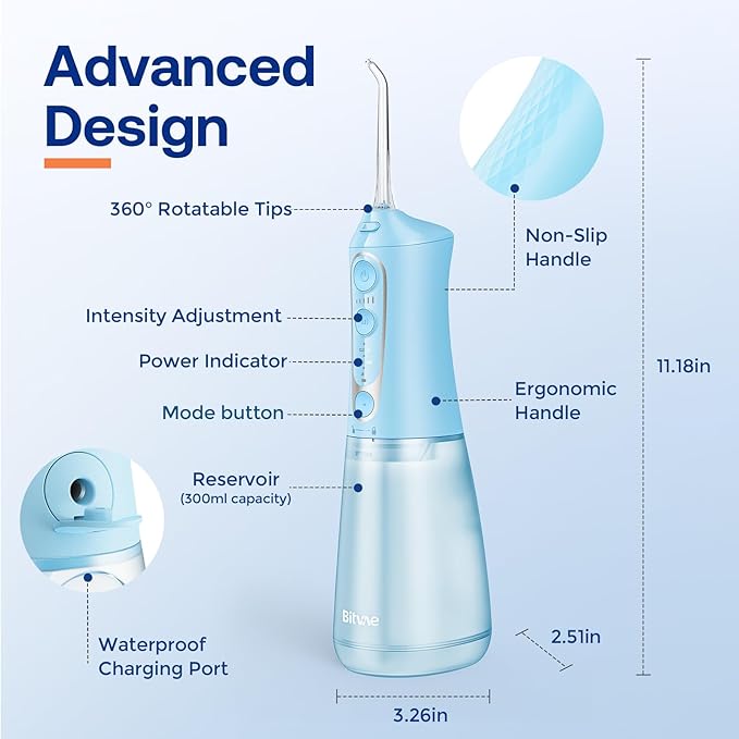Bitvae C6 Rechargeable Portable Water Flosser, 300ML Water Dental Flosser Pick for Teeth, Gums, Braces, 3 Modes 5 Intensities, Waterproof Cordless Water Flosser for Cleaning, Sky Blue
