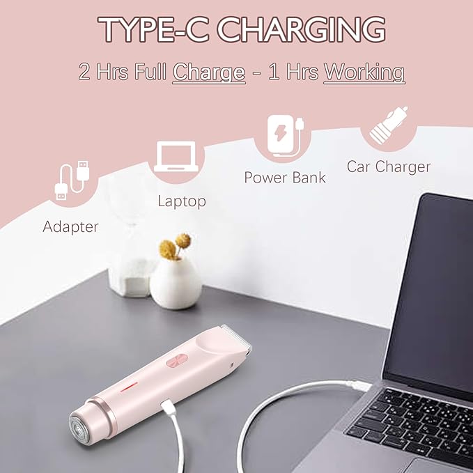 Bikini Trimmer for Women, 2 in 1 Dual-Head Electric Razors for Women Pubic Hair, Waterproof Wet/Dry Use Body Hair Trimmer Face Shaver, Rechargeable Hair Removal for Bikini Legs Face Underarm Arm Back