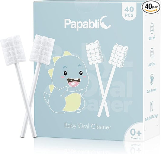 Papablic Baby Tongue Cleaner, Baby Oral Cleaner, Disposable Infant Mouth Cleaner Newborn, Upgrade Gum Cleaner with Paper Handle or Infants Ages 0-2 Years, 40 Pack