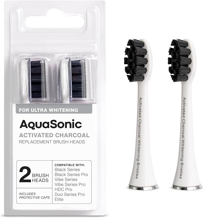 AquaSonic 2-Pack Activated Charcoal Brush Heads - Ultra Whitening Brush Heads - 2X Whitening & Stain Remover - for Black Series, Black Series Pro, Vibe Series, Duo Pro Series (White)