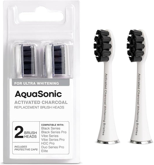 AquaSonic 2-Pack Activated Charcoal Brush Heads - Ultra Whitening Brush Heads - 2X Whitening & Stain Remover - for Black Series, Black Series Pro, Vibe Series, Duo Pro Series (White)