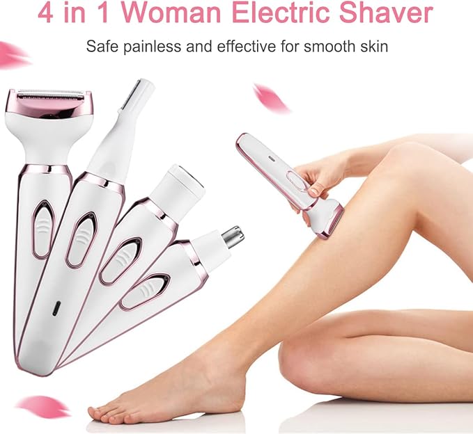 Bikini Trimmer for Women, Electric Razor Hair Shaver for Face Nose Eyebrow Beard Mustache Arm Leg Armpit Bikini, Replaceable Lady Facial Razor, Painless Rechargeable 4 in 1 Women Body Shaver for Trip