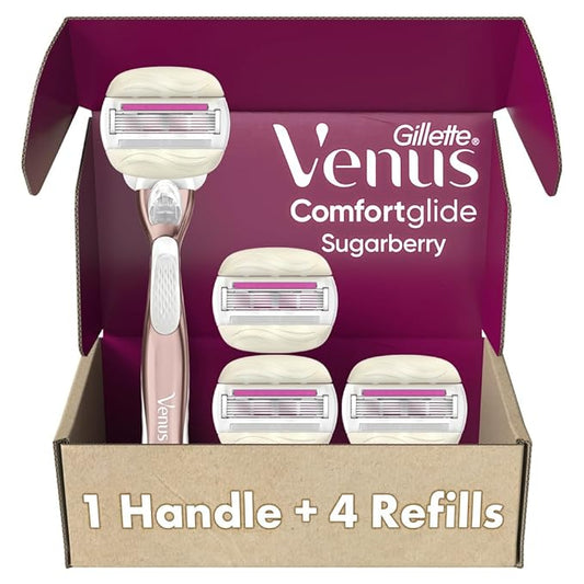 Gillette Venus Comfortglide plus Olay Sugarberry Women's Razor with Rose Gold Metal Handle + 4 Blade Refills