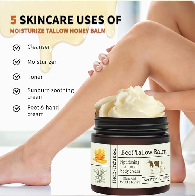 Beef Tallow For Skin – Natural Tallow and Honey Balm Face Moisturizer, Organic Grass-Fed Tallow, Deeply Nourishing Whipped Skin Balm for Face & Body, Moisturizing Cream for Dry Skin