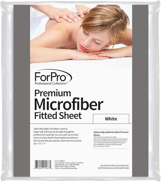 ForPro Professional Collection Premium Microfiber Fitted Sheet, Ultra-Light, Stain and Wrinkle-Resistant for Massage Tables, White, 36w x 77l x 7h