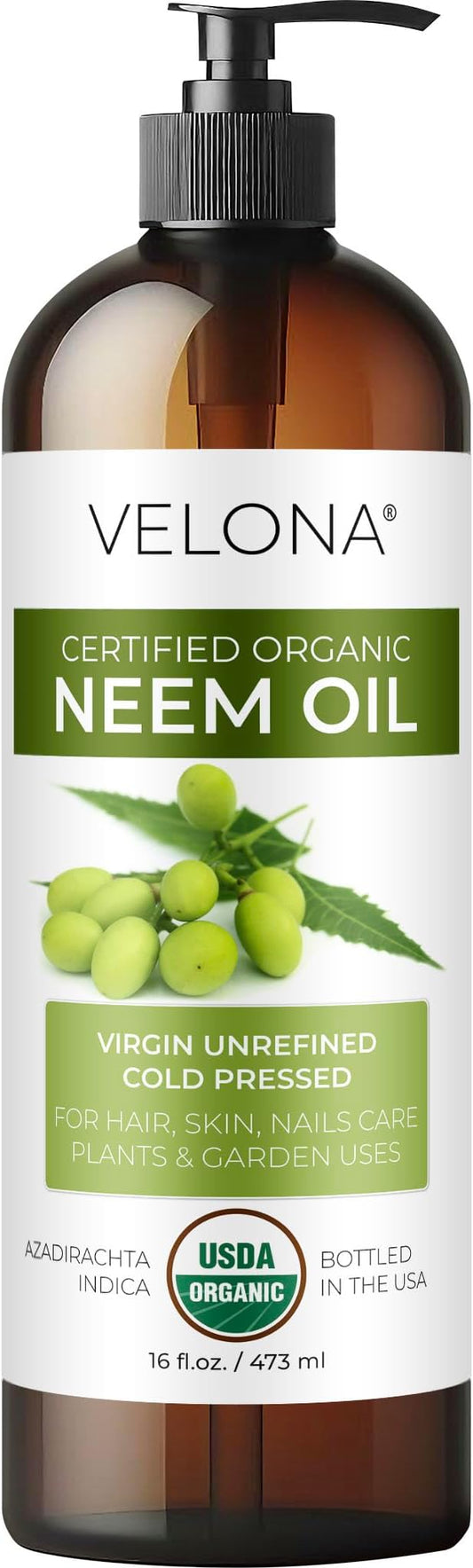 velona Neem Oil USDA Certified Organic - 16 Fl Oz | 100% Pure and Natural Carrier Oil | Virgin, Unrefined, Cold Pressed | Hair, Body and Skin Care | Use Today - Enjoy Results