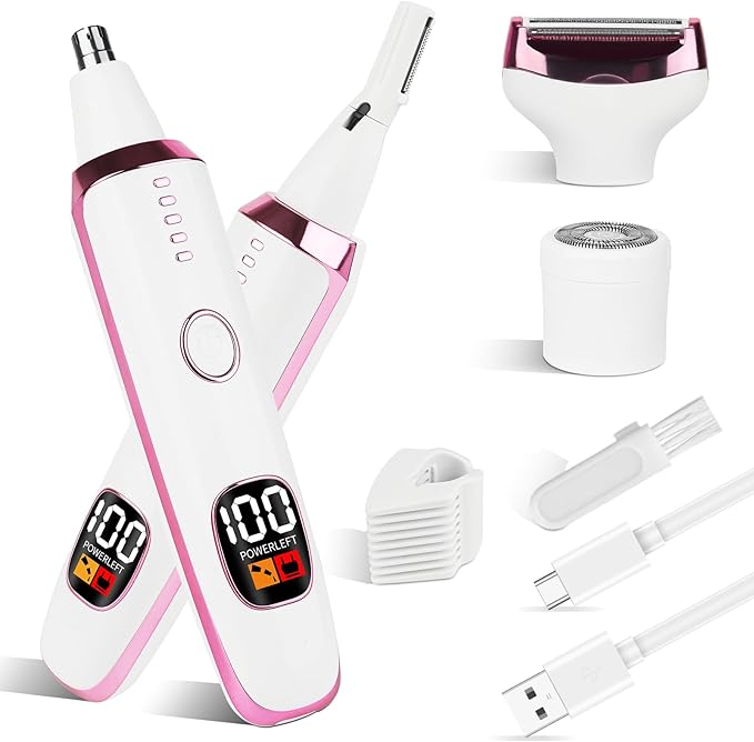 2025 Rechargeable Nose and Ear Hair Trimmer With LED Dispaly for Women Men,4 in 1 Painless Eyebrow & Facial Hair Trimmer with Powerful Motor,Ladies Wet & Dry Electric Razor for Travel (Pink)