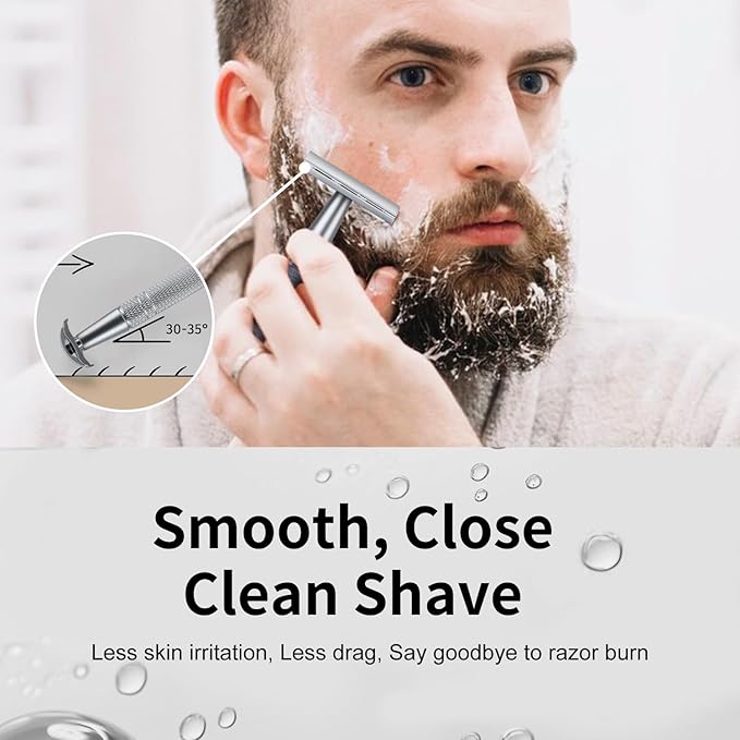 Double Edge Safety Razor with Stand, Single Blade Razors for Men and Women, Reusable Metal De Razor, Men's Safety Shaving Razors with 10 Double Edge Blades, Smooth and Close Shave, Matte Silver