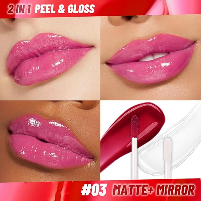 Lip Stain Peel Off Lip Gloss oil Dual-Ended Combo, Raspberry Peach Lips Liner Stain Peel Off Tattoo, Long Lasting & Waterproof, Transfer-Proof Lip Tint Stain with Lip oil for All Skin Type 03#