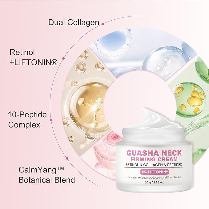 Neck Firming Cream with Gua Sha Tool, Neck Tightening Cream for Crepey Skin, Moisturizing and Lifting Neck Cream for Fine Lines and Sagging Skin 50g