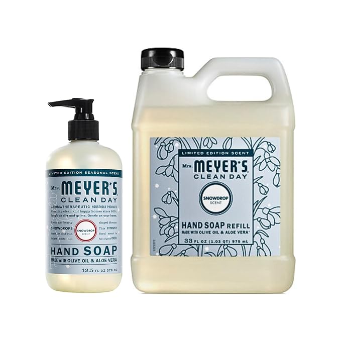 MRS. MEYER'S CLEAN DAY Liquid Hand Soap Variety Pack Scent, 33 OZ Refill + 12.5 OZ, 1 CT (Snowdrop)