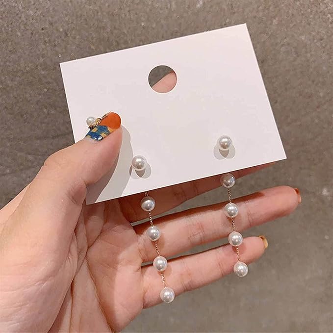 Boho Pearl Dangle Earrings Gold Pearl Drop Stud Earrings Long Pearl Tassel Earrings Vintage Pearl Linear Earrings Jewelry for Women and Girls