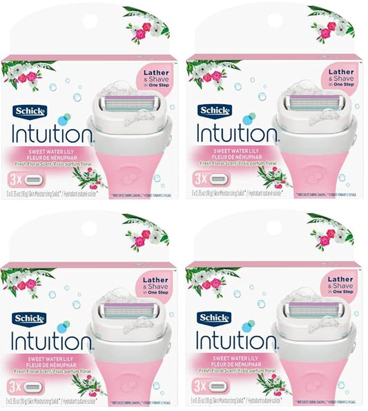 Schick Intuition - Lather & Shave In One Stop - Sweet WaterLily Fresh Floral Scent - Women's Razor Blade Refills - 3 Count Pack of 4 = 12 Cartridges