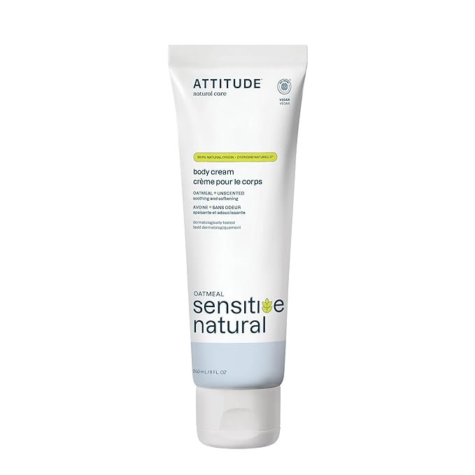 ATTITUDE Body Cream for Sensitive Skin with Oat, EWG Verified, Dermatologically Tested, Vegan, Extra Gentle, Unscented, 8 Fl Oz