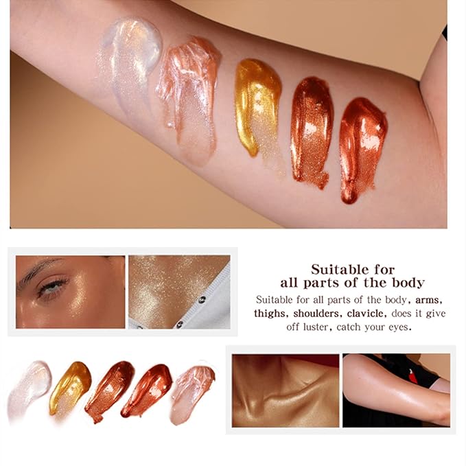Shimmer Body Luminizer 5 Color Waterproof Smooth Face Body Glow Illuminator Non-sticky Liquid Body Highlight Illuminator for Face & Body & Leg (80 ML, 03 Bronze Gold)