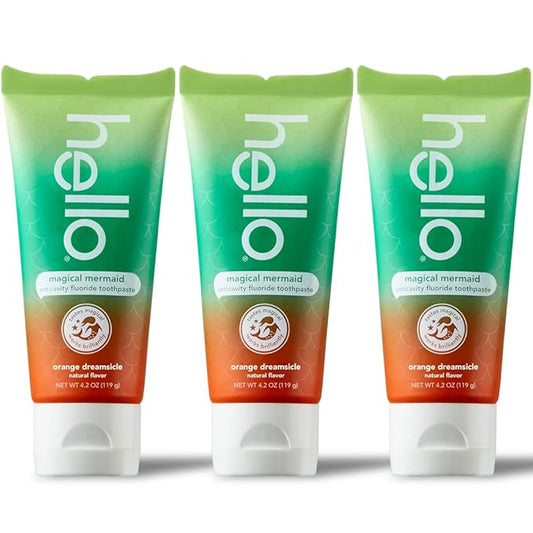 hello Magical Mermaid Kids Toothpaste with Fluoride, Orange Dreamsicle Flavor Toothpaste for Kids, Safe for Ages 2 and Up, Helps Prevent Cavities, Strengthen Enamel, Polish Teeth, 3 Pack, 4.2 Oz Each