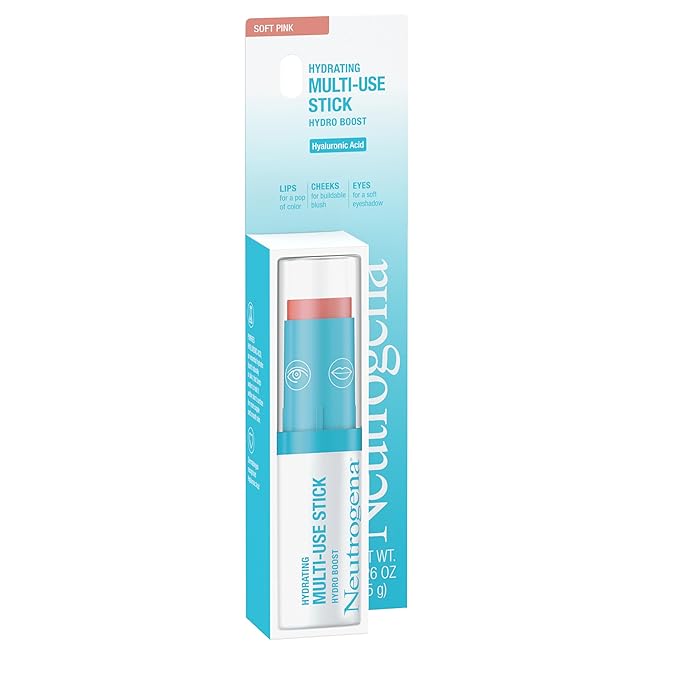 Neutrogena Hydro Boost Hydrating Multi-Use Makeup Stick with Hyaluronic Acid, Gentle Multi-Use Colored Makeup Balm to Brighten Lips, Cheeks & Eyes, Non-Comedogenic, Soft Pink, 0.26 oz