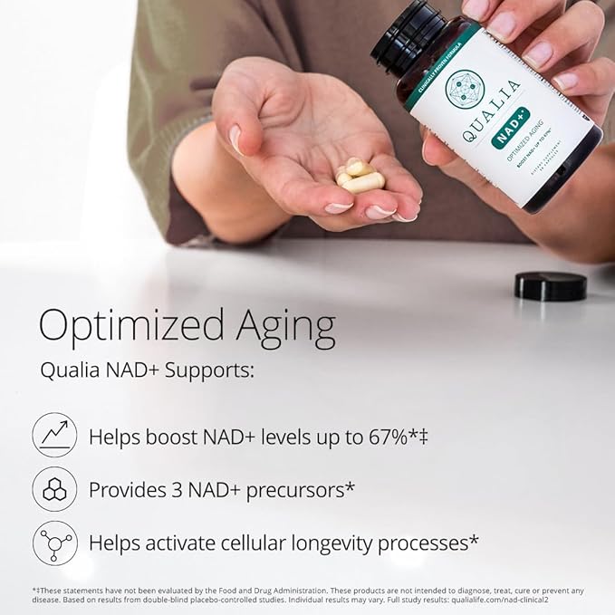Qualia NAD Supplement — Clinically Proven to Boost NAD+ up to 67%. Optimized Aging, Energy, Focus. Elite NAD+ Booster Ingredients Nicotinamide Riboside (NIAGEN), Niacin, Niacinamide (1 Month Supply)