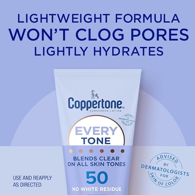 Coppertone Every Tone Sunscreen Lotion SPF 50, Lightweight, Rubs on Clear Sunscreen for All Skin Tones, Formulated with Nourishing Vitamin E, 7 Fl Oz Tube