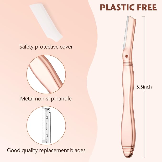 Eyebrow Razor, Dermaplaning Tool for Face, Face Razors for Women, Dermaplane Razor, Hair Removal and Exfoliation, Facial Razor, Face Shaver for Women&Men, 6 Blade Refills with Blade Cover (Rose Gold)