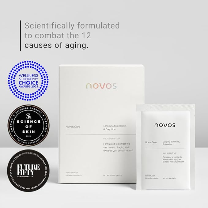 NOVOS Core Longevity Mix, Anti-Aging Supplement, Drink Powder Packet Orange Flavor - Skin Support, Energy, Mood Support, Sleep and Cognition Support - 30 Servings