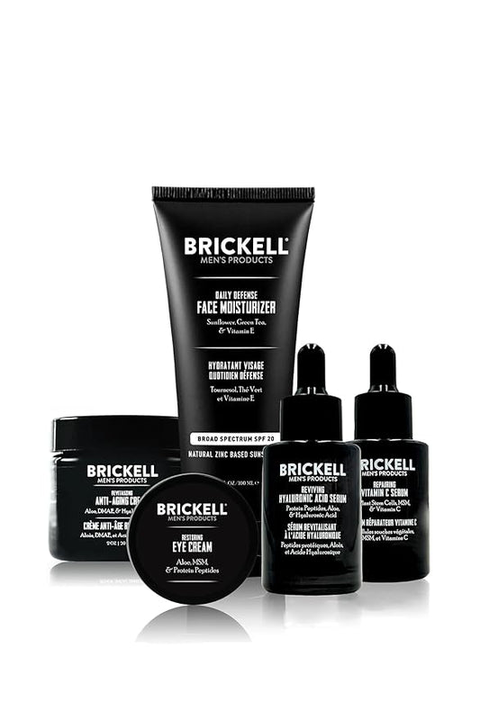 Brickell Men's Complete Defense Anti Aging Routine, Night Face Cream, Vitamin C Day and Night Serum, Facial Moisturizer w/SPF and Eye Cream, Natural and Organic, Unscented