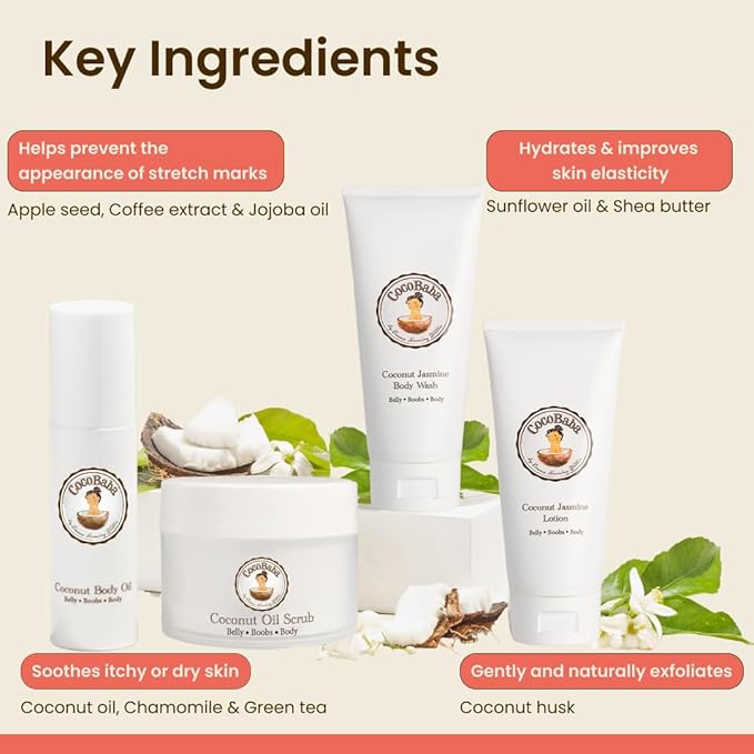 Cocobaba Stretch Mark Relief Set - Belly oil for pregnancy care package | Stretch Mark Cream for Pregnancy | Body wash | Body scrub | First time mom gift | Pregnancy Must have