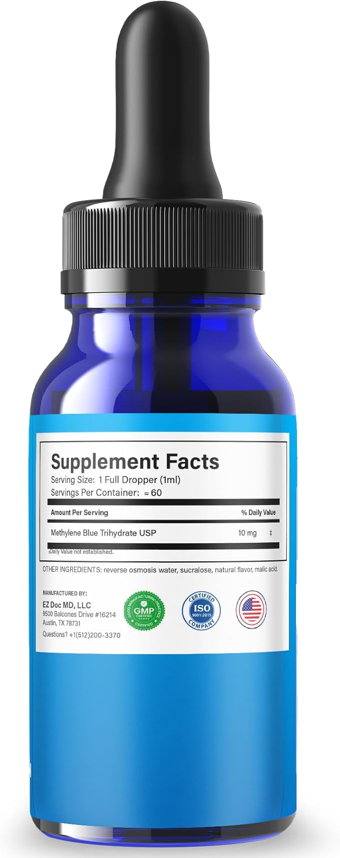 Methylene Blue Drops Pharmaceutical Grade - USP Liquid 10mg/mL - High Potency Nootropic Supplement - Blue Methylene Pure Liquid Concentrate - USP Grade Cognitive Support Drops – 2 Fl Oz (60mL)