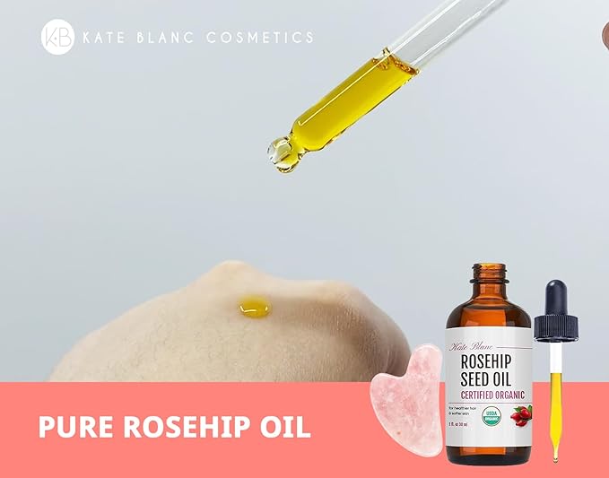 Kate Blanc Cosmetics Rosehip Oil for Face with Pink Gua Sha Stone (1oz, Organic, Pure, Cold Pressed) Rosehip Seed Face Oil for Gua Sha Massage