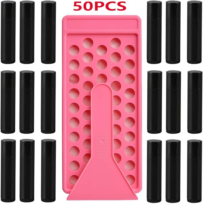 50 Lip Balm Container Kit with Filling Tray and Spatula, Round Tube Refillable Empty Tube 3 Colors, 0.15 oz, BPA Free, for DIY Homemade Lipstick Lipstick (50 black kits,)