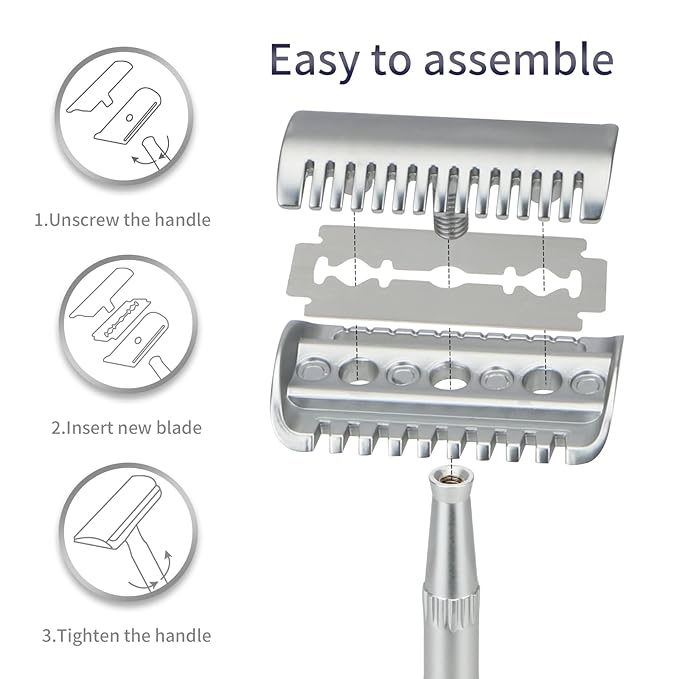 Matte Silver Double Edge Safety Razor, Single Blade Razors for Men and Women, with 10 Stainless Steel Safety Razor Blades, Reusable, Smooth and Close Wet Shaving Kit, Plastic Free