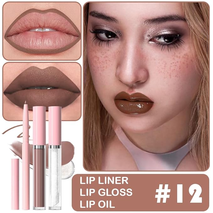 3-in-1Deep Purple Brown Matte Lip Stain Kit | Waterproof Lip Liner + Hydrating Matte Lip Gloss + Nourishing Lip Oil | Long Lasting Plumping to Create Perfect Lip Makeup.12#