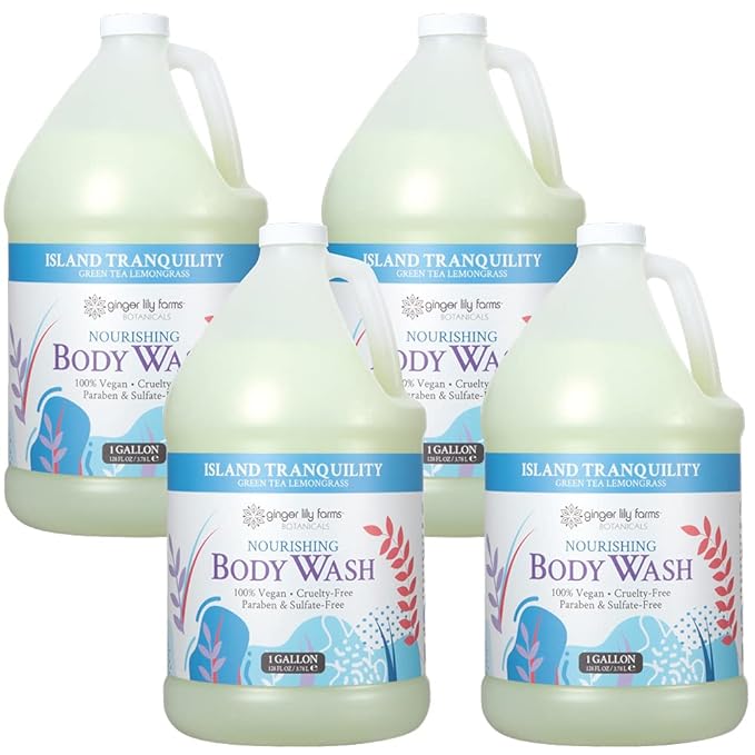 Ginger Lily Farms Botanicals Nourishing Body Wash, Island Tranquility, 100% Vegan & Cruelty-Free, Green Tea Lemongrass Scent, 1 Gallon Refill (Pack of 4)