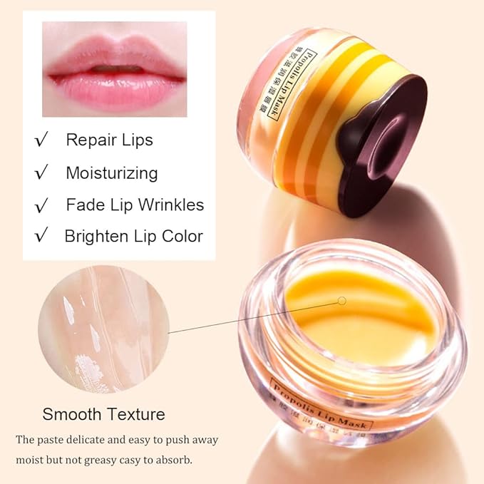 Bee Lip Balm Honey Pot, 2 PCS Strawberry & Honey Hydrating Prevention Dry and Cracked Lip Scrubs Exfoliator, Propolis Moisturizing Lip Sleep Mask Reduces Lip Lines, Lip Exfoliating Honey Bee Lip Mask