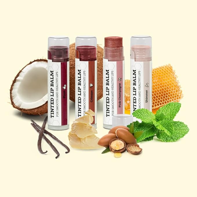 Tinted Lip Balm by Earth’s Daughter – 4 Pack of Assorted Colors – Beeswax, Coconut Oil, Cocoa Butter, Vitamin E – Moisturize and Beautify – Paraben Free