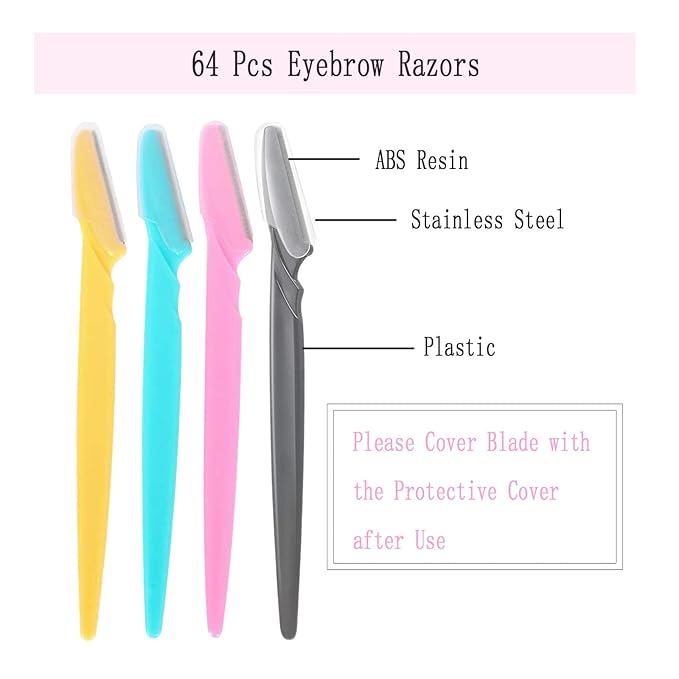 Facial Razor, 64 Pcs Eyebrow Shavers for Women, Multipurpose Exfoliating Dermaplaning Tools for Face With Precision Cover, 4 Colors
