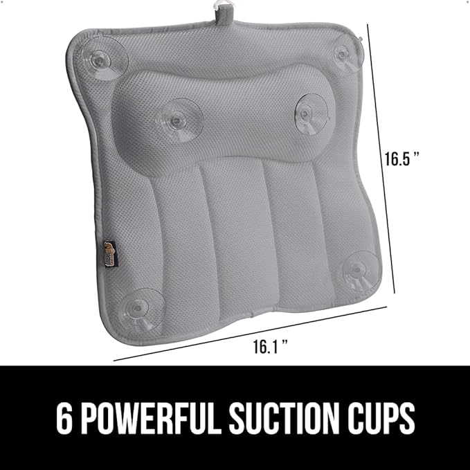 GORILLA GRIP Mesh Bath Pillow for Tub, 6 Powerful Suction Cups, Oversized Headrest with Breathable FlexComfort Technology for Neck, Head, Back Support, Luxury Machine Washable Bathtub Must Haves, Gray
