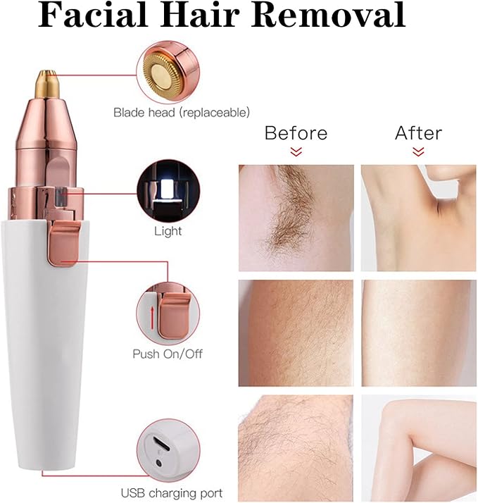 Facial Hair Remover for Women,Nose Hair Trimmer Rechargeable 2-1 Eyebrow Razor Portable Electric Shaver Painless Hair Remover Device for Face Nose Peach Fuzz Body Beard Lips Chin Female Hair Removal