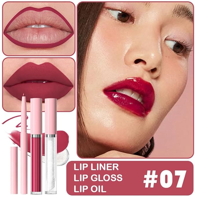 3-in-1Grayish Purple Matte Lip Stain Kit | Waterproof Lip Liner + Hydrating Matte Lip Gloss + Nourishing Lip Oil | Long Lasting Plumping to Create Perfect Lip Makeup.07#