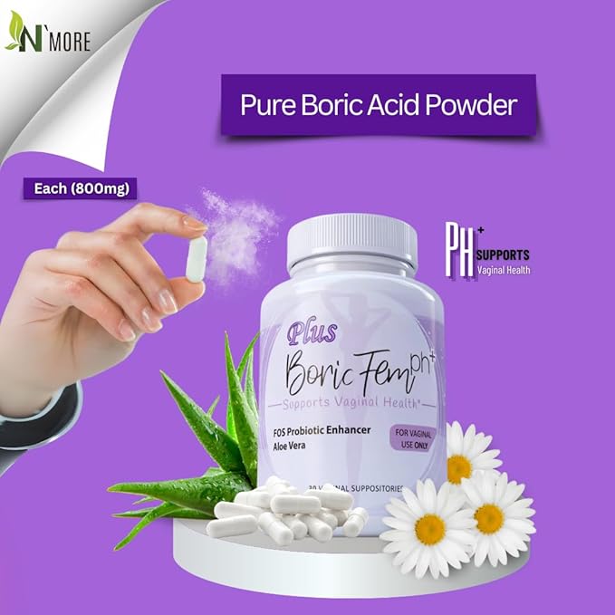 Boric Acid Vaginal Suppositories Plus Aloe Vera & FOS Probiotic Enhancer 800mg/, 30 Count All Natural Made in USA