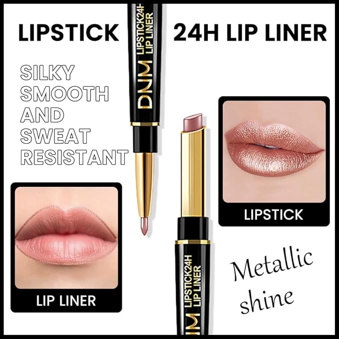 2-in-1 Brown Lip Liner & Lipstick Set Kit for Women, Metallic Lips Kit with Lip Liner Lip Stains Long Lasting Waterproof 24 Hour Lipstick and Lip Liners Combo Lipliners Pencil Set 18