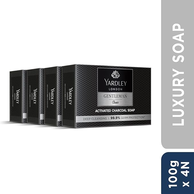 Yardley London Gentleman Classic Activated Charcoal Soap, with 99.9% Germ Protection and Deep Cleansing of Skin - Pack Of 4 (100 g each)