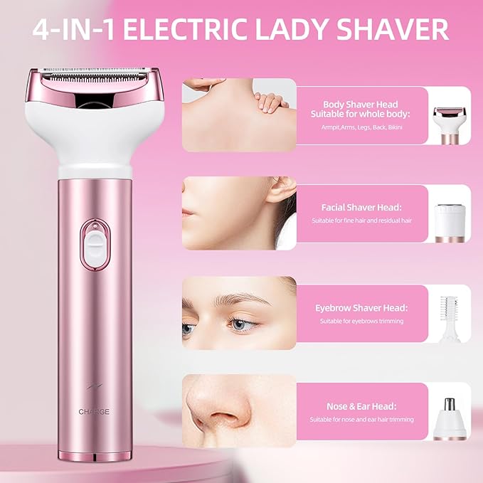 Wet & Dry Electric Razor for Women Body Razors 4-in-1 Facial Hair Remover Electric Shaver and Facial Hair Remover Painless Ladies Body Razors for Nose Face Body Leg Bikini Arm Hair