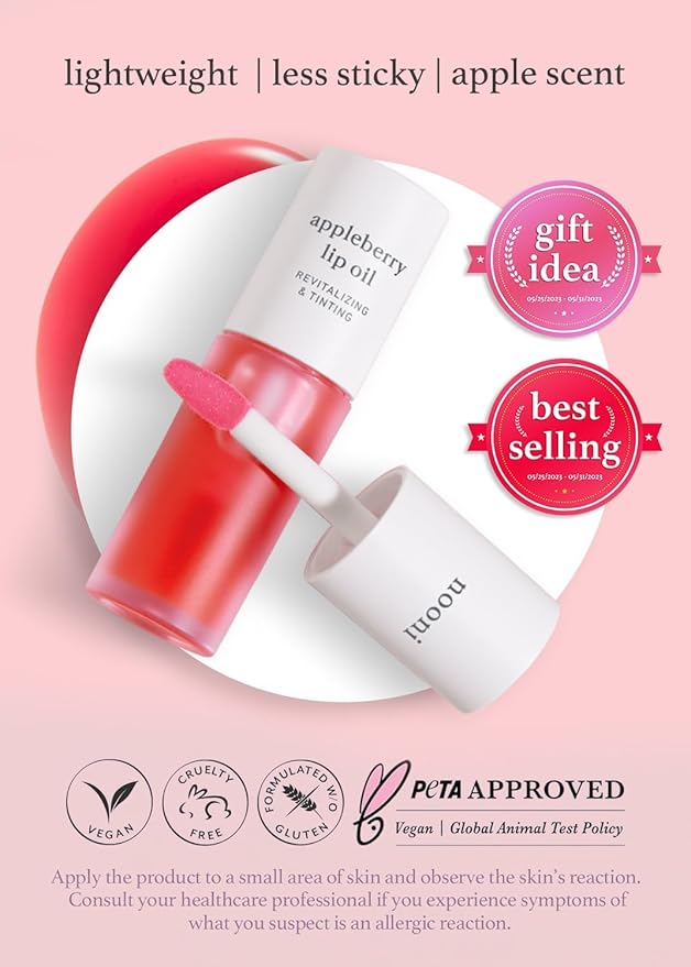 NOONI Vegan Lip Oil Bundle - Appleberry & Appleclear | Lip Stain, Long Lasting, Moisturizing, Plumping, Korean Lip Tint