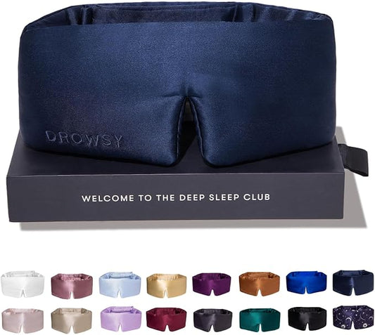 DROWSY Silk Sleep Mask. Face-Hugging, Padded Silk Cocoon for Luxury Sleep in Total Darkness. (Midnight Blue)