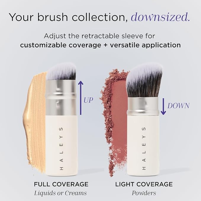 HALEYS Retractable Face Brush, VEGAN Dense, Angled Bristles & Adjustable Sleeve, Portable Makeup Brush for Quick, Easy Streak-Free Blending of Liquids, Creams, Powders, Travel-friendly Mess-Free Cap