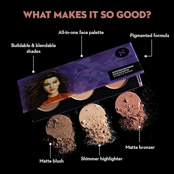 SUGAR Cosmetics Contour De Force Face Palette - 02 Vivid Victory Longlasting Formula, Lightweight Blush, Highlighter And Bronzer, Paraben Free.