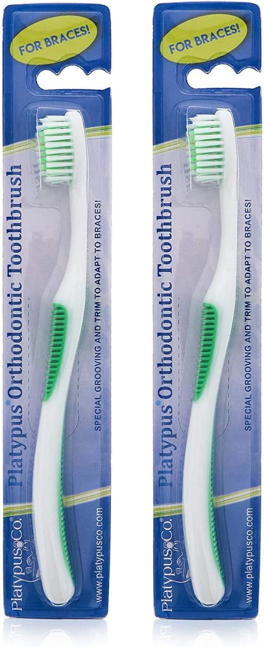 Platypus Orthodontic Toothbrush for Braces | Soft Bristle Braces Toothbrush for Adults & Kids | Angled Bristles for Better Access Around Brackets and Archwires, Comfort Silicone Grip | 2 Count
