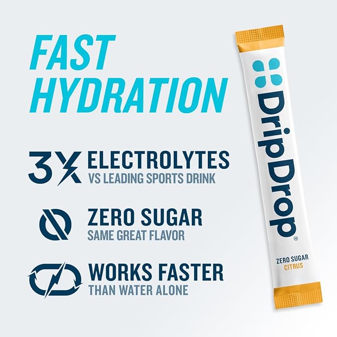 DripDrop Sugar Free Hydration Packets - Zero Citrus Variety Pack - Single Serve Electrolytes Powder Drink Mix - Cherry Limeade, Citrus, Orange, Strawberry Lemonade - Non-GMO, Gluten Free - 32 Sticks