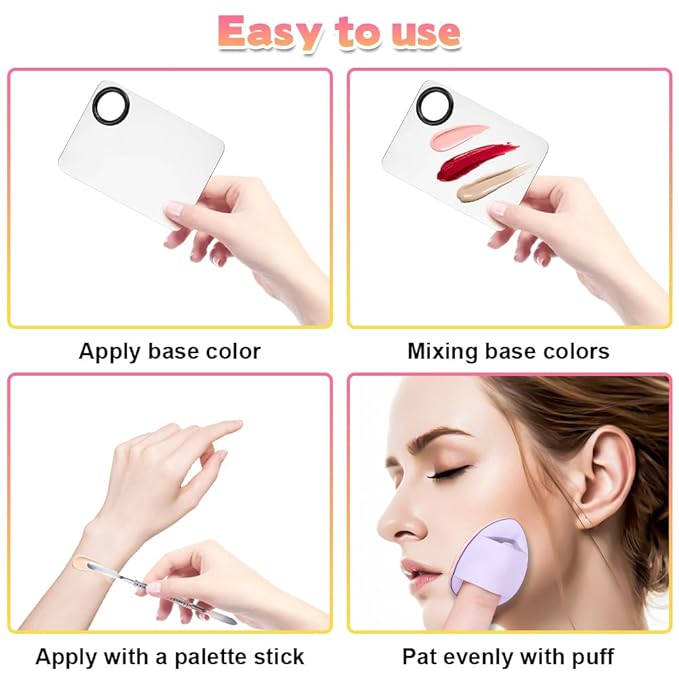 Makeup Mixing Palettes, Makeup Palette with 6PCS Mini Powder Puff, Foundation Palette with Makeup Spatula, Stainless Steel Nail Art Palette Set, For Makeup Pigment Blending